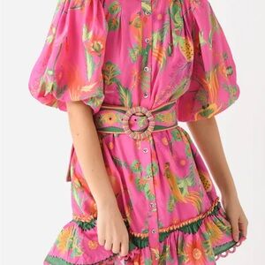 FARM RIO- Vibrant Pink Tropical Print Puff Sleeve Dress